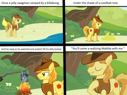 Size: 1024x765 | Tagged: safe, artist:didgereethebrony, derpibooru import, braeburn, earth pony, pony, comic:waltzing matilda, australia, banjo patterson, billabong, billycan, campfire, poem, solo, swagman, tree, vector used, waltzing matilda