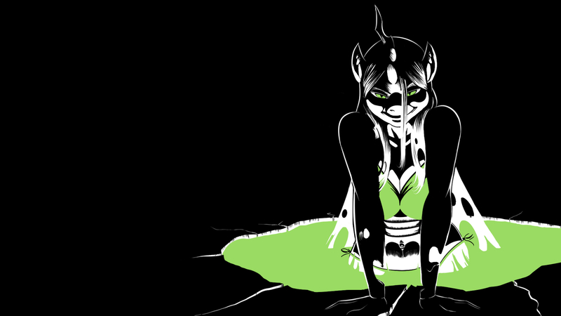 Size: 1920x1080 | Tagged: anthro, artist:amaraburrger, changeling, changeling queen, derpibooru import, edit, female, partial color, queen chrysalis, safe, solo, wallpaper, wallpaper edit