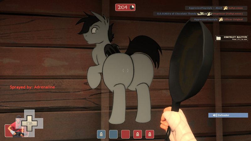 Size: 1366x768 | Tagged: suggestive, derpibooru import, oc, oc:frolicsome meadowlark, bat pony, pony, moonstuck, male, plot, spray, stallion, team fortress 2, the ass was fat