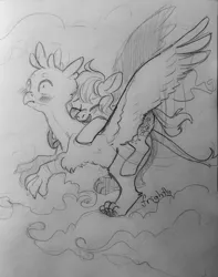 Size: 1009x1280 | Tagged: safe, artist:theorderofalisikus, derpibooru import, gallus, sandbar, earth pony, gryphon, pony, school daze, black and white, gallbar, gay, glomp, grayscale, interspecies, male, monochrome, shipping, surprised, traditional art