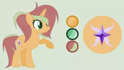 Size: 799x455 | Tagged: safe, artist:princessunicorn123, derpibooru import, oc, oc:sunny rose, unofficial characters only, unicorn, base used, cutie mark, female, green background, hair over one eye, mare, offspring, parent:sunset shimmer, parent:timber spruce, parents:timbershimmer, reference sheet, simple background, solo