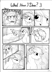 Size: 2550x3506 | Tagged: artist:lupiarts, black and white, comic, comic:what have i done, derpibooru import, dramatic, female, filly, foal, grayscale, monochrome, oc, oc:chess, oc:sally, sad, safe, screaming, sleeping, sobbing, speech bubble, sweat, traditional art, unofficial characters only, waking nightmares, waking up