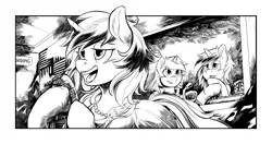 Size: 2550x1350 | Tagged: safe, artist:hobbes-maxwell, derpibooru import, oc, oc:homage, oc:littlepip, oc:velvet remedy, pony, unicorn, fallout equestria, fallout equestria illustrated, fanfic, black and white, blushing, clothes, dress, ear fluff, fanfic art, female, grayscale, hoof hold, hooves, horn, mare, microphone, monochrome, open mouth, pipbuck, recording studio, singing, teeth, tenpony tower, vault suit