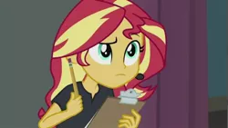Size: 1280x720 | Tagged: safe, derpibooru import, screencap, sunset shimmer, all the world's off stage, equestria girls, equestria girls series, director shimmer, female, pencil, serious, solo, theater