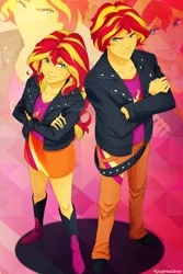 Size: 1024x1536 | Tagged: safe, artist:lilapudelpony, derpibooru import, sunset shimmer, equestria girls, binary shimmer, binary sunset, boots, clothes, equestria guys, half r63 shipping, jacket, leather jacket, male, miniskirt, rule 63, self paradox, shipping, shoes, skirt, sunglare, sunset glare