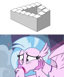 Size: 2901x3489 | Tagged: classical hippogriff, derpibooru import, hippogriff, image macro, impossible object, m. c. escher, meme, penrose stairs, safe, school daze, screencap, silverstream, simple background, that hippogriff sure does love stairs, transparent background