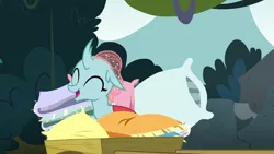 Size: 1280x720 | Tagged: bed bug, changedling, changeling, cute, cuteling, derpibooru import, diaocelles, eyes closed, happy, ocellus, open mouth, pillow, safe, school daze, screencap, smiling, solo
