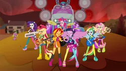 Size: 1920x1080 | Tagged: safe, derpibooru import, screencap, applejack, fluttershy, pinkie pie, rainbow dash, rarity, spike, sunset shimmer, twilight sparkle, vinyl scratch, dog, equestria girls, rainbow rocks, bassmobile, drums, guitar, humane five, humane seven, humane six, microphone, musical instrument, pony ears, singing, spike the dog, tambourine, welcome to the show