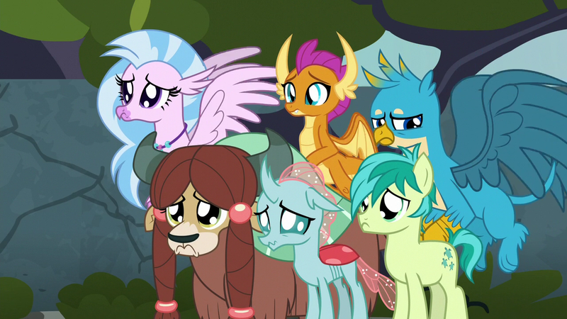 Size: 1280x720 | Tagged: safe, derpibooru import, screencap, gallus, ocellus, sandbar, silverstream, smolder, yona, changedling, changeling, classical hippogriff, dragon, earth pony, gryphon, hippogriff, pony, yak, school daze, cute, diaocelles, diastreamies, dragoness, female, gallabetes, male, paws, sad, sandabetes, smolderbetes, student six, teenager, yonadorable