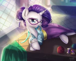 Size: 2100x1700 | Tagged: safe, artist:tcn1205, derpibooru import, rarity, pony, unicorn, school daze, alternate hairstyle, bedroom eyes, clothes, cummerbund, cute, desk, dishevelled, eyeshadow, female, glasses, hair bun, heat, horn, looking at you, makeup, mare, mouth hold, necktie, prone, sash, schoolmarm rarity, shirt, skirt, smiling, solo, spool, sunlight, sweat, undressing, yarn, yarn ball