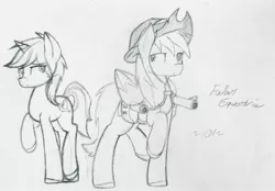Size: 2661x1851 | Tagged: safe, artist:fanliterature101, derpibooru import, oc, oc:calamity, oc:velvet remedy, pegasus, pony, unicorn, fallout equestria, fanfic, battle saddle, black and white, cutie mark, dashite, fanfic art, female, grayscale, gun, hat, hooves, horn, male, mare, monochrome, rifle, simple background, stallion, traditional art, weapon, white background, wings