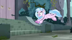 Size: 1920x1080 | Tagged: safe, derpibooru import, screencap, silverstream, classical hippogriff, hippogriff, school daze, castle of the royal pony sisters, cute, diastreamies, excited, eyes on the prize, flying, grin, jewelry, necklace, pointing, smiling, solo, spread wings, squee, stairs, that hippogriff sure does love stairs, wide eyes, wings
