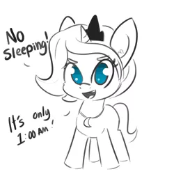 Size: 1650x1650 | Tagged: safe, artist:tjpones, derpibooru import, princess luna, alicorn, pony, cute, dialogue, ear fluff, female, filly, filly luna, jewelry, looking at you, lunabetes, necklace, no pupils, open mouth, partial color, regalia, simple background, sleep is for the weak, smiling, solo, white background, wingless, woona, younger