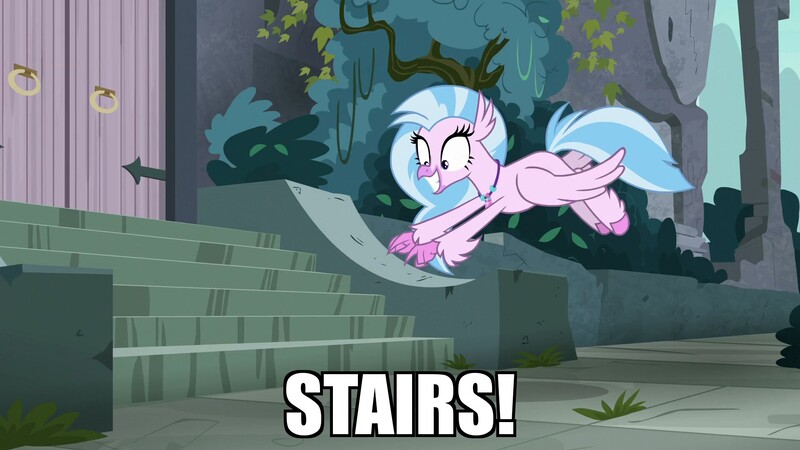 Size: 1920x1080 | Tagged: castle of the royal pony sisters, classical hippogriff, cute, derpibooru import, diastreamies, edit, edited screencap, excited, hippogriff, jewelry, necklace, pointing, safe, school daze, screencap, silverstream, stairs, that hippogriff sure does love stairs