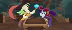 Size: 1920x804 | Tagged: safe, derpibooru import, screencap, captain celaeno, rarity, anthro, parrot, parrot pirates, pony, unicorn, my little pony: the movie, anthro with ponies, chest, feather, gem, hat, jewel, pirate, pirate hat, time to be awesome, treasure chest