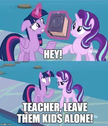 Size: 500x581 | Tagged: alicorn, book, book abuse, caption, derpibooru import, discovery family logo, edit, edited screencap, eea rulebook, image macro, impact font, pink floyd, safe, school daze, screencap, song reference, starlight glimmer, the wall, thug, twilight sparkle, twilight sparkle (alicorn)