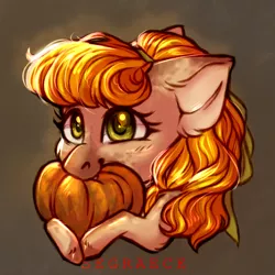 Size: 1500x1500 | Tagged: safe, artist:segraece, derpibooru import, oc, unofficial characters only, pony, abstract background, bust, chibi, commission, female, mare, portrait, pumpkin, solo, unshorn fetlocks