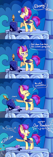 Size: 1536x4504 | Tagged: safe, artist:dsp2003, derpibooru import, princess luna, oc, oc:ebony crescent, bat pony, pony, comic:new world, :p, animal crossing, animal crossing: new leaf, bat pony oc, behaving like a cat, blushing, chest fluff, comic, commission, console, controller, cute, cute little fangs, dialogue, ear fluff, fangs, female, figurine, filly, gamecube, isabelle, mischievous, naughty, now you fucked up, offscreen character, open mouth, raspberry, scared, shivering, silly, sweat, sweatdrop, this will end in tears, tongue out, wavy mouth