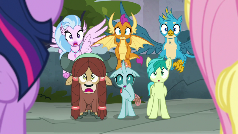 Size: 1280x720 | Tagged: safe, derpibooru import, screencap, fluttershy, gallus, ocellus, sandbar, silverstream, smolder, twilight sparkle, twilight sparkle (alicorn), yona, alicorn, changedling, changeling, classical hippogriff, dragon, earth pony, gryphon, hippogriff, pegasus, pony, yak, school daze, dragoness, female, male, mare, oh crap, shocked, student six, stunned, teenager