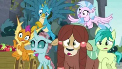 Size: 1280x720 | Tagged: safe, derpibooru import, screencap, gallus, ocellus, sandbar, silverstream, smolder, yona, changedling, changeling, classical hippogriff, dragon, earth pony, gryphon, hippogriff, pony, yak, school daze, female, male, reaction image, student six