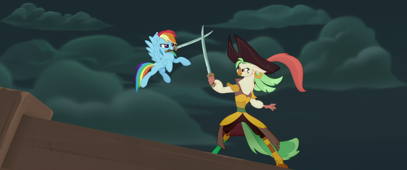 Size: 1920x804 | Tagged: safe, derpibooru import, screencap, captain celaeno, rainbow dash, anthro, parrot, parrot pirates, pegasus, pony, my little pony: the movie, amputee, anthro with ponies, feather, gem, hat, jewel, mouth hold, peg leg, pirate, pirate hat, pirate rainbow dash, prosthetic leg, prosthetic limb, prosthetics, saber, sword, sword fight, time to be awesome, weapon