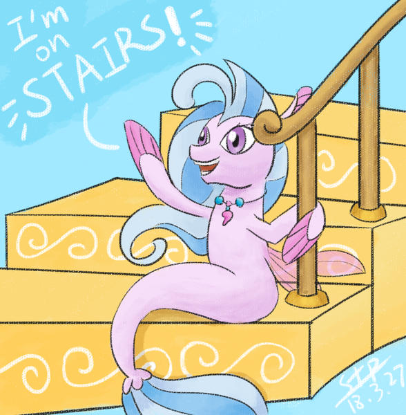 Size: 955x974 | Tagged: artist:sunnytp, blue background, derpibooru import, safe, school daze, seapony (g4), silverstream, simple background, solo, stairs, that hippogriff sure does love stairs