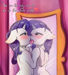 Size: 1770x1954 | Tagged: suggestive, artist:alcor, derpibooru import, rarity, pony, unicorn, against glass, ahegao, and then there's rarity, bedroom eyes, blushing, dialogue, drool, female, floppy ears, forever alone, glass, heart, human shoulders, implied selfcest, licking, mare, mirror, narcissism, open mouth, rararararara, reflection, self ponidox, selfcest, shipping, solo, solo female, speech, tongue out