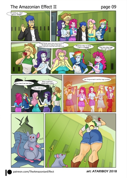 Size: 1440x2003 | Tagged: safe, artist:atariboy2600, artist:bluecarnationstudios, derpibooru import, applejack, flash sentry, fluttershy, pinkie pie, rainbow dash, rarity, comic:the amazonian effect, comic:the amazonian effect ii, equestria girls, applebutt, ass, belly button, big breasts, bra strap, breasts, busty applejack, busty fluttershy, busty pinkie pie, busty rainbow dash, busty rarity, butt, canterlot high, clothes, cowboy hat, denim skirt, dialogue, dress, hat, image, jpeg, legs, lockers, midriff, skirt, speech bubble, stetson