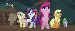 Size: 1920x804 | Tagged: safe, derpibooru import, screencap, applejack, captain celaeno, fluttershy, pinkie pie, rainbow dash, rarity, spike, anthro, dragon, earth pony, parrot, parrot pirates, pegasus, pony, unicorn, my little pony: the movie, anthro with ponies, bandana, happy, hat, pirate, pirate hat, pirate rainbow dash, pirate ship, smiling, time to be awesome