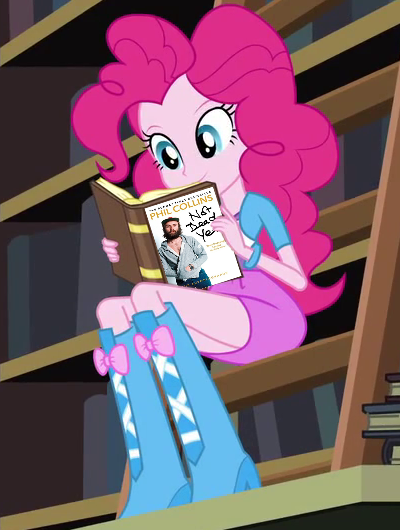 Size: 400x530 | Tagged: safe, derpibooru import, edit, edited screencap, editor:grapefruitface, screencap, pinkie pie, equestria girls, book, boots, clothes, phil collins, reading, shoes, skirt, solo