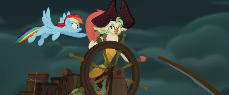 Size: 1920x804 | Tagged: safe, derpibooru import, screencap, captain celaeno, rainbow dash, anthro, parrot, parrot pirates, pegasus, pony, my little pony: the movie, anthro with ponies, bandana, duo, feather, female, flying, hat, mare, pirate, pirate hat, pirate rainbow dash, pirate ship, pointing, time to be awesome, wheel