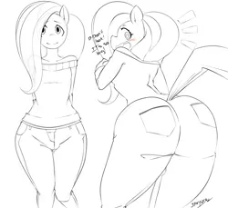 Size: 1800x1650 | Tagged: anthro, arm behind back, artist:inuyuru, ass, blushing, breasts, clothes, delicious flat chest, derpibooru import, flattershy, flutterbutt, fluttershy, lineart, monochrome, smiling, speech, suggestive, surprised