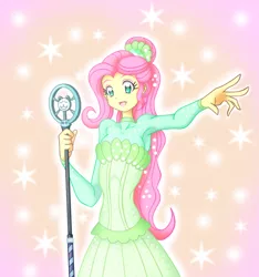 Size: 3000x3200 | Tagged: safe, artist:grandzebulon, derpibooru import, fluttershy, equestria girls, equestria girls series, so much more to me, alternate hairstyle, clothes, cute, dress, female, microphone, open mouth, shyabetes, singing, solo, starry backdrop
