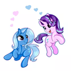 Size: 3000x3000 | Tagged: safe, artist:saralien, derpibooru import, starlight glimmer, trixie, pony, unicorn, cute, female, heart, lesbian, looking at each other, mare, shipping, simple background, smiling, startrix, white background