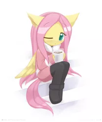 Size: 1200x1440 | Tagged: anthro, artist:howxu, chocolate, clothes, coat, cute, daaaaaaaaaaaw, derpibooru import, female, fluttershy, food, hnnng, hot chocolate, howxu is trying to murder us, looking at you, mare, one eye closed, pants, pegasus, safe, shyabetes, simple background, sitting, solo, white background