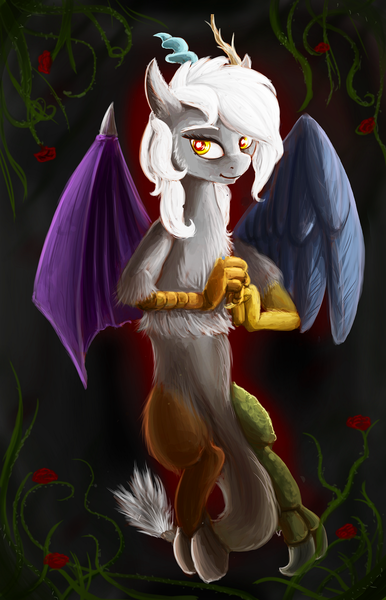 Size: 900x1400 | Tagged: artist:minosua, dark background, derpibooru import, discord, draconequus, eris, flower, plant, rose, rule 63, safe, solo