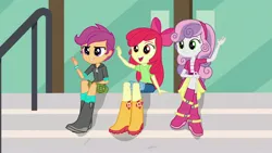 Size: 1920x1080 | Tagged: safe, derpibooru import, screencap, apple bloom, scootaloo, sweetie belle, equestria girls, friendship games, boots, canterlot high, clothes, cutie mark crusaders, female, hoodie, shoes, shorts, sitting, skirt, stairs, trio, waving