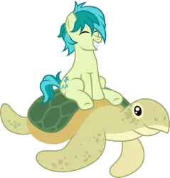 Size: 1000x1046 | Tagged: safe, artist:cloudyglow, derpibooru import, sandbar, earth pony, pony, turtle, school daze, colt, cute, duo, eyes closed, foal, male, ponies riding turtles, sandabetes, sea turtle, simple background, smiling, transparent background, vector, younger