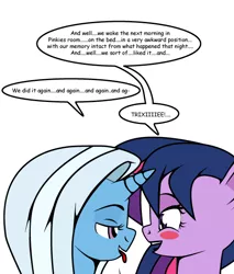 Size: 512x602 | Tagged: suggestive, artist:dekomaru, derpibooru import, trixie, twilight sparkle, pony, unicorn, tumblr:ask twixie, ask, female, lesbian, shipping, tumblr, twixie