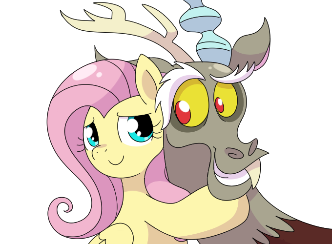 Size: 680x500 | Tagged: safe, artist:jgu112, derpibooru import, discord, fluttershy, draconequus, pegasus, pony, bust, duo, female, folded wings, hug, looking at each other, looking sideways, mare, simple background, smiling, transparent background