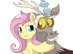 Size: 680x500 | Tagged: safe, artist:jgu112, derpibooru import, discord, fluttershy, draconequus, pegasus, pony, bust, duo, female, folded wings, hug, looking at each other, looking sideways, mare, simple background, smiling, transparent background