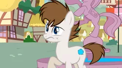 Size: 2200x1236 | Tagged: safe, alternate version, artist:rsa.fim, derpibooru import, edit, edited screencap, part of a set, screencap, oc, oc:crash bash, unofficial characters only, earth pony, pony, male, one hoof raised, ponyville, scar, solo