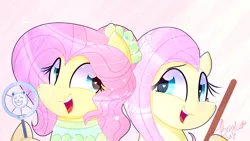 Size: 1920x1080 | Tagged: safe, artist:lynchristina, derpibooru import, fluttershy, ponified, pegasus, pony, equestria girls, equestria girls series, so much more to me, bust, cute, duality, equestria girls ponified, female, looking at each other, looking sideways, mare, portrait, shyabetes, singing, smiling