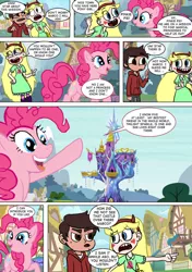 Size: 600x850 | Tagged: safe, artist:imbriaart, derpibooru import, pinkie pie, earth pony, human, pony, comic:magic princess war, clothes, comic, crossover, marco diaz, ponyville, star butterfly, star vs the forces of evil, twilight's castle