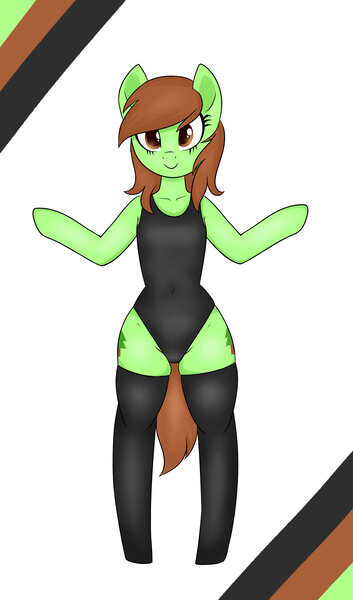 Size: 4740x8055 | Tagged: absurd resolution, artist:nero9, bipedal, both cutie marks, clothes, cute, derpibooru import, female, looking at you, oc, ocbetes, oc:cedar, one-piece swimsuit, poni, safe, simple background, socks, solo, swimsuit, thigh highs, thigh squish, unofficial characters only