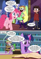 Size: 800x1133 | Tagged: safe, artist:imbriaart, derpibooru import, pinkie pie, spike, twilight sparkle, twilight sparkle (alicorn), alicorn, dragon, earth pony, human, pony, comic:magic princess war, book, bookshelf, clothes, comic, crossover, marco diaz, star butterfly, star vs the forces of evil