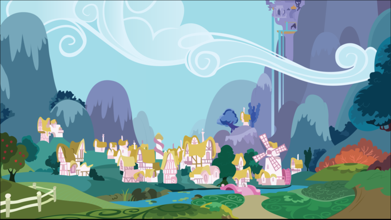 Size: 1280x723 | Tagged: safe, artist:hellswolfeh, derpibooru import, applebuck season, apple tree, background, canterlot, cloud, mountain, no pony, ponyville, scenery, tree, village, waterfall, windmill