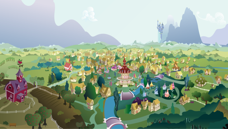 Size: 5667x3202 | Tagged: safe, artist:hellswolfeh, derpibooru import, .ai available, apple tree, background, bird's eye view, canterlot, fluttershy's cottage, high res, mostly sunny, mountain, no pony, ponyville, ponyville schoolhouse, ponyville town hall, resource, river, scenery, .svg available, sweet apple acres, town, tree, vector, waterfall