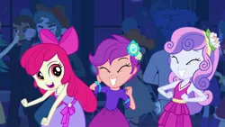 Size: 1539x866 | Tagged: safe, derpibooru import, screencap, apple bloom, scootaloo, sweetie belle, equestria girls, equestria girls (movie), adorabloom, apple bloom's bow, background human, bow, canterlot high, cute, cutealoo, cutie mark crusaders, dancing, diasweetes, fall formal, fall formal outfits, female, hair bow, party, this is our big night, trio, trio female