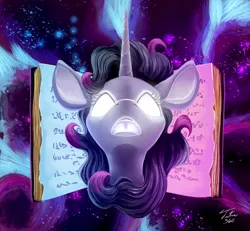 Size: 900x830 | Tagged: safe, artist:tsitra360, derpibooru import, fhtng th§ ¿nsp§kbl, oleander (tfh), unicorn, them's fightin' herds, book, community related, fred, glowing eyes, magic, open mouth, solo